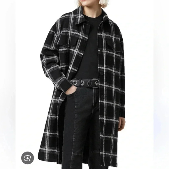 All Saints Nia Wool Blend Mono black white plaid Coat size US 0 oversized - Picture 1 of 8